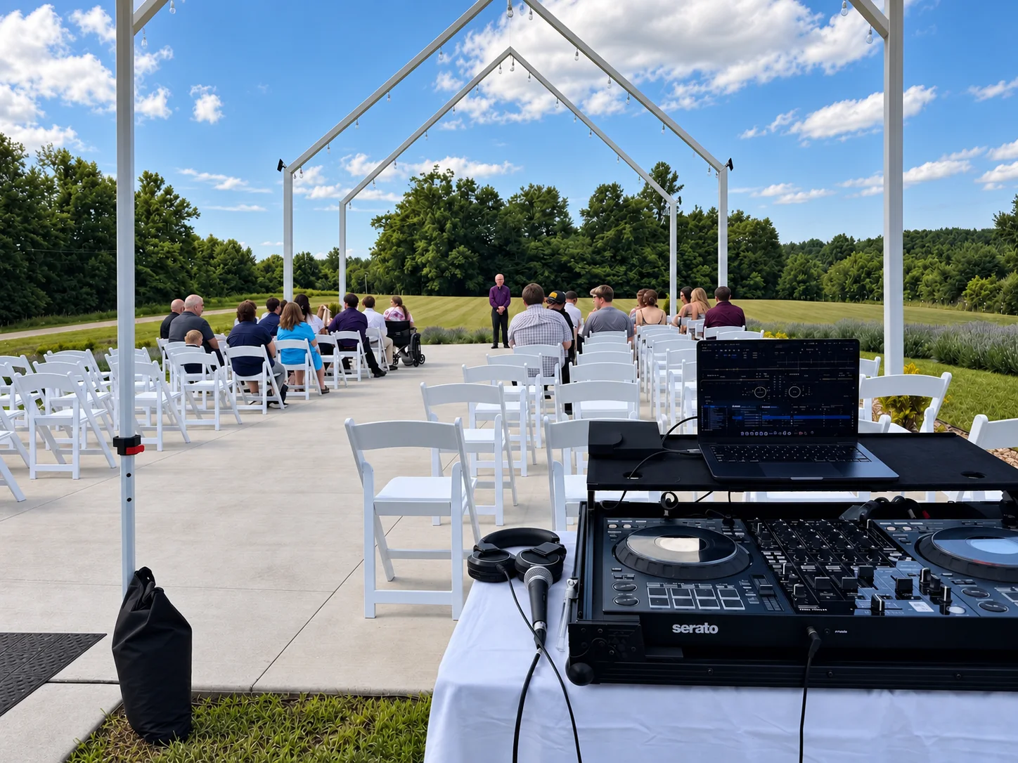 Outdoor wedding ceremony viewed from a separate BFE Productions audio station